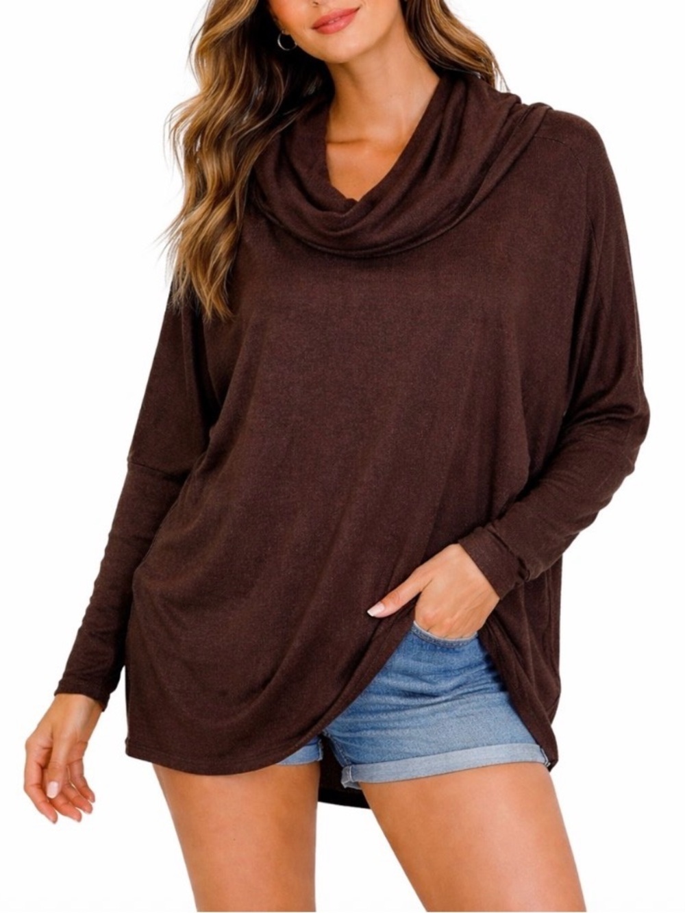Grace Elements crossover top sweater cowl/turtle neck chocolate brown SZ Sm